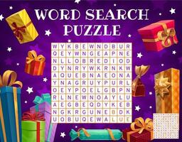 Birthday, Christmas gifts word search puzzle game vector