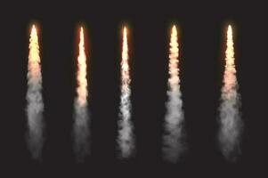 Rocket fire smoke trails, spacecraft launch clouds vector