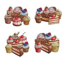 Cakes desserts sketch, sweet chocolate cupcakes vector