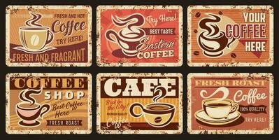 Coffee shop metal rusty plates, cafe retro posters vector