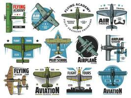 Flight school vector icons aviators academy labels