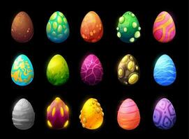 Dinosaur and reptile cartoon eggs, game asset vector