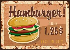 Hamburger rusty plate, fast food burgers menu vector