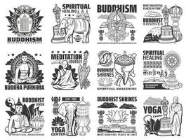 Buddhism religion, yoga, Buddha meditation icons vector