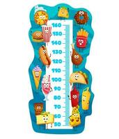 Kids height chart, cartoon fast food characters vector