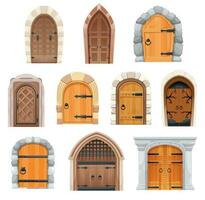 Metal and wooden medieval doors and gates set vector