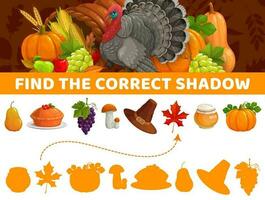 Find correct shadow, Thanksgiving autumn kids game vector