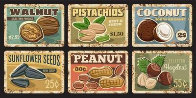 Nuts and seeds farm products market rusty plates vector