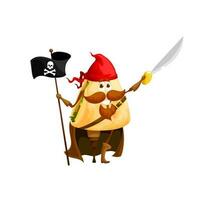 Cartoon mexican quesadilla pirate character, flag vector