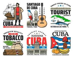 Cuba travel icons with Cuban flag, map, landmarks vector