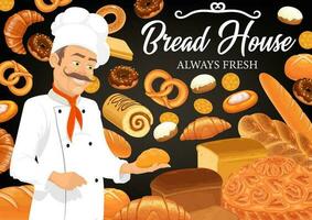 Baker, bread, baguette and pastries. Bakery shop vector