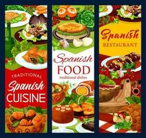 Spanish cuisine food banners, fish and meat dishes vector