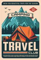 Camping club trip, outdoor recreation retro poster vector