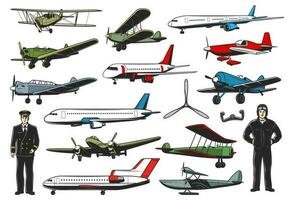 Modern and old aircraft, pilots in uniform vector