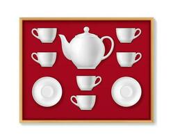 Realistic ceramic tea set, tea cups, pot, mugs vector