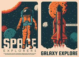 Astronaut and spaceship travel vector retro poster