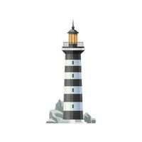 Sea lighthouse on rocky seacoast vector icon