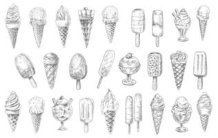 Ice cream cone, sundae dessert and stick sketches vector