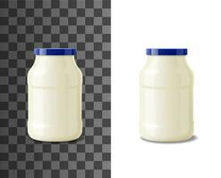 Glass jar of mayonnaise, realistic food packaging vector