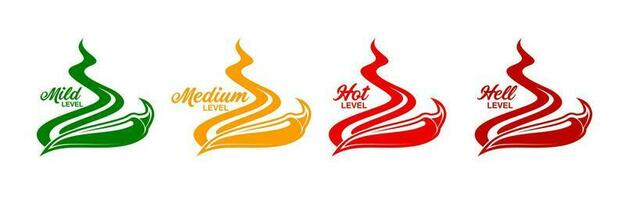 Spicy level labels, pepper and fire flames icons vector