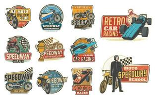 Speedway and car racing retro icons, sport races vector