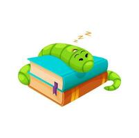 Cartoon bookworm character sleeping on books pile vector