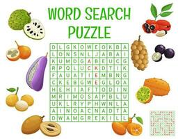 Exotic tropical fruits, word search puzzle game vector