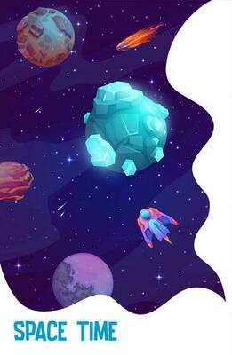 Space landing page. Cartoon starcraft in galaxy