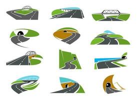 Pathway, highway road icons with bridge and tunnel vector