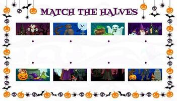 Find two halves, Halloween kids maze game, vector