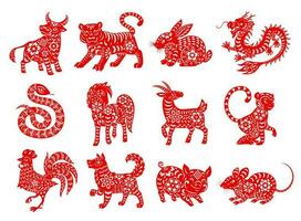 Chinese Zodiac horoscope animals, red papercut set vector