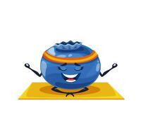 Cartoon blueberry fruit character on yoga pilates vector