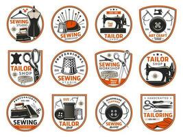 Tailoring and sewing industry icons, atelier shop vector