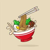 Ramen noodle. Noodles with eggs. Bowl with ramen. Vector illustration of cartoon logo icon.