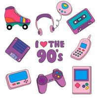 Collection of colorful stickers, icons in 90s style. Vector illustration retro set from the era of the 90s. Vintage tetris, pager, joystick, cassette, player, roller skates, diskette, phone.