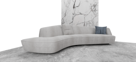 sofá gris terciopelo tela y piso con Roca pared en blanco fondo, 3d png. png