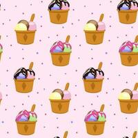 Ice cream in a cup with a spoon on a pink background. Seamless pattern. Sweet ice cream desserts. For textiles, paper, fabrics, wallpaper, wrapping, backdrop. Vector illustration