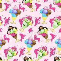 Cute ice cream in a glass, seamless pattern. Multi-colored scoops of ice cream with topping. For textiles, paper, fabrics, wallpaper, wrapping, backdrop. Vector illustration
