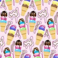 Cute ice cream in a waffle cone seamless pattern. Sweet dessert with chocolate topping. For textiles, paper, fabrics, wallpaper, wrapping, backdrop. Vector illustration.