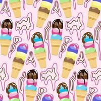 Cute ice cream in a waffle cone seamless pattern. Sweet dessert with chocolate topping. For textiles, paper, fabrics, wallpaper, wrapping, backdrop. Vector illustration.