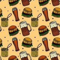 Street Food Seamless Pattern. Wrapping paper design. Yellow engraving style illustrations of burger and beer. EPS10 vector illustration.