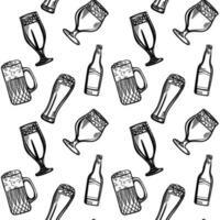 Vector seamless pattern with different beer glasses and mugs. illustration background in ink hand drawn style.