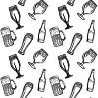 Vector seamless pattern with different beer glasses and mugs. illustration background in ink hand drawn style.