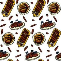 Oktoberfest seamless pattern with sausages and sauces. illustration background in ink hand drawn style. Ideal for textiles, packaging, paper printing, simple backgrounds and textures. Vector. vector