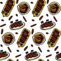 Oktoberfest seamless pattern with sausages and sauces. illustration background in ink hand drawn style. Ideal for textiles, packaging, paper printing, simple backgrounds and textures. Vector. vector