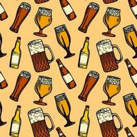 Vector seamless pattern with different beer glasses and mugs. illustration background in ink hand drawn style.