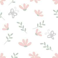 Seamless pattern with pink flowers and butterflies on white background. vector