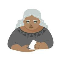 Isolated of tarot card readers holding a blank card. Gypsy woman flat vector illustration.