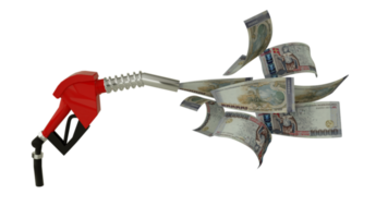 3d representación de armenio dracma notas viniendo fuera desde combustible bomba. rojo combustible boquilla con dinar volador alrededor png