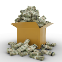 3d rendering of cardboard box full of 1000 United Arab Emirates dirham notes isolated on a white background png